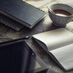 coffee and book open on a table